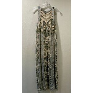 FREE PEOPLE Maxi Dress Sleeveless Woven Sheer Border Hem Lace Trim, Ivory/Aqua S